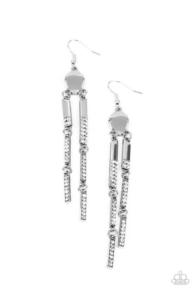 Paparazzi Accessories Earrings Defined Dazzle White Rhinestone Silver Long Bar Earrings Paparazzi Paparazzi Accessories Earrings Defined Dazzle White Rhinestone Silver Long Bar Earrings Paparazzi