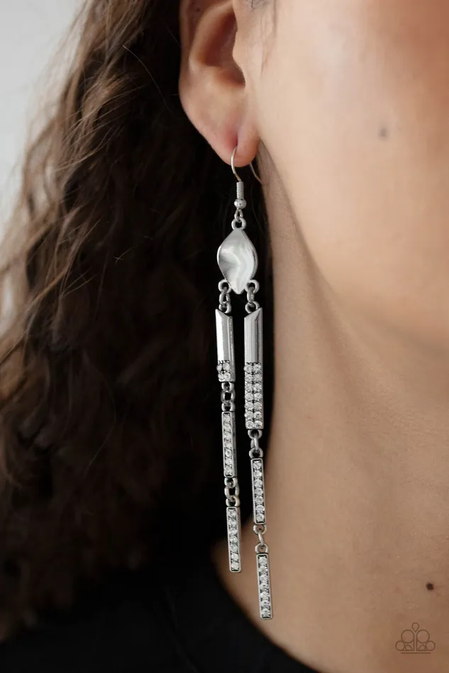 Paparazzi Accessories Earrings Defined Dazzle White Rhinestone Silver Long Bar Earrings Paparazzi