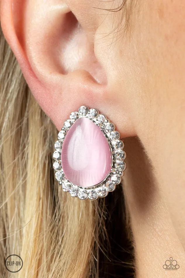Paparazzi Accessories Earrings Downright Demure Pink Cats Eye Silver ClipOn Earrings Paparazzi