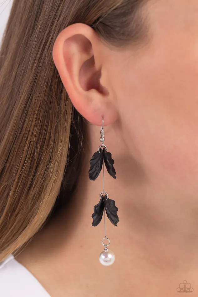 Paparazzi Accessories Earrings Edwardian Era Black Acrylic Petal White Pearl Silver Earrings Paparazzi