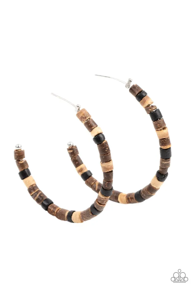 Paparazzi Accessories Earrings Effortlessly Earthy Brown and Black Wooden Bead Hoop Earrings