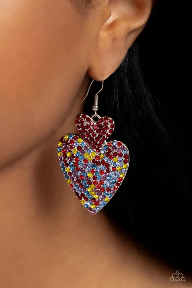 Paparazzi Accessories Earrings Flirting Flourish Red and Colorful Rhinestone Heart Earrings Paparazzi