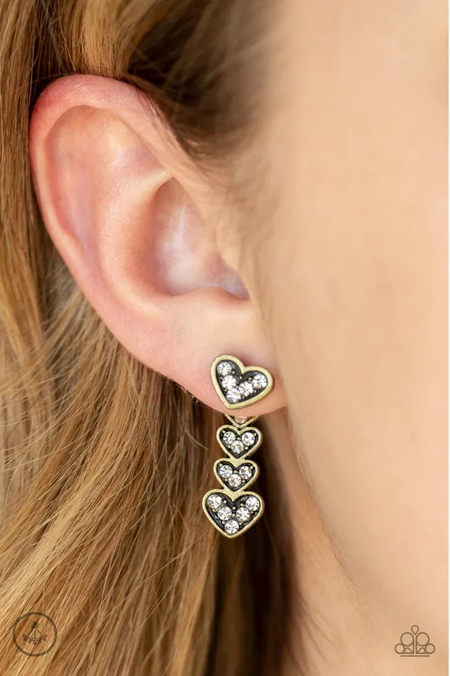 Paparazzi Accessories Earrings Heartthrob Twinkle Paparazzi Brass Heart Frame White Rhinestone Jacket Earrings
