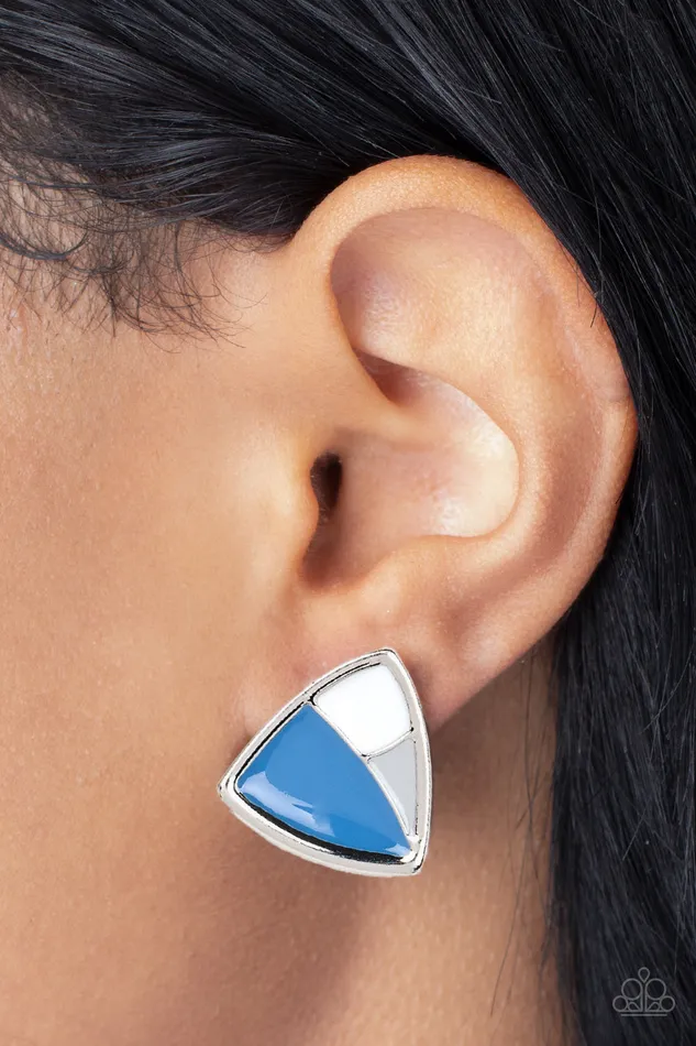 Paparazzi Accessories Earrings Kaleidoscopic Collision Blue White and Gray Silver Geometric Post Earrings Paparazzi