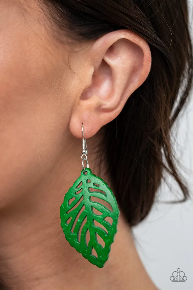 Paparazzi Accessories Earrings LEAF Em Hanging Green Wooden Earrings Paparazzi