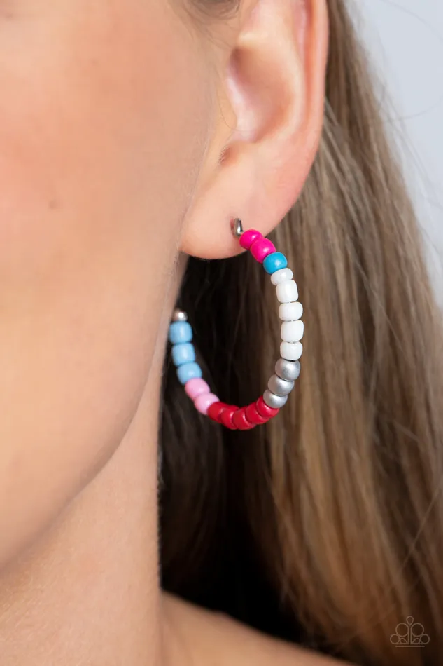 Paparazzi Accessories Earrings Multicolored Mambo Pink Multi Blue Seed Beed Hoop Earrings Paparazzi