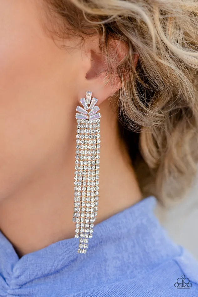 Paparazzi Accessories Earrings Overnight Sensation Multi Iridescent and White Rhinestone Tassel Post Earrings Paparazzi Life of the Party November 2022