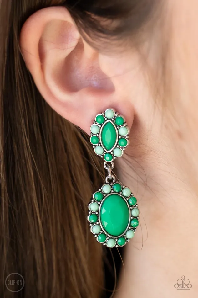 Paparazzi Accessories Earrings Positively Pampered Green Mint Bead Silver ClipOn Earrings Paparazzi