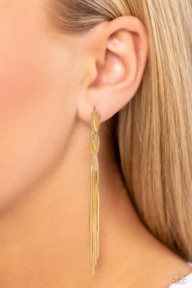 Paparazzi Accessories Earrings Ropin Rodeo Queen Gold Twisted Tassel Post Earrings Paparazzi