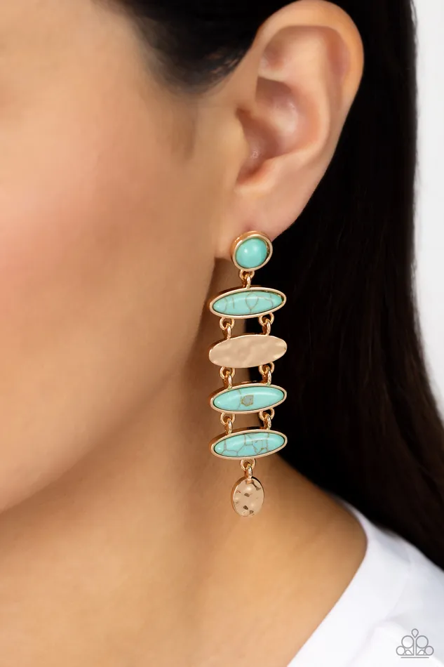 Paparazzi Accessories Earrings Rustic Reverie Blue Turquoise Stone Gold Post Earrings Paparazzi