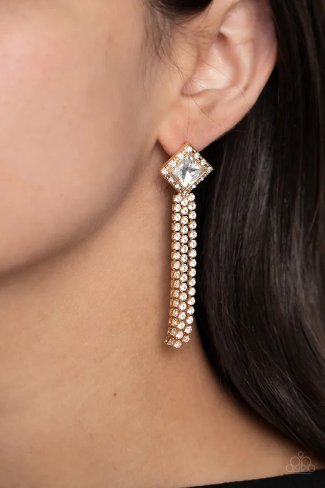 Paparazzi Accessories Earrings Seasonal Sparkle Gold Square Frame White Gem Post Earrings Paparazzi