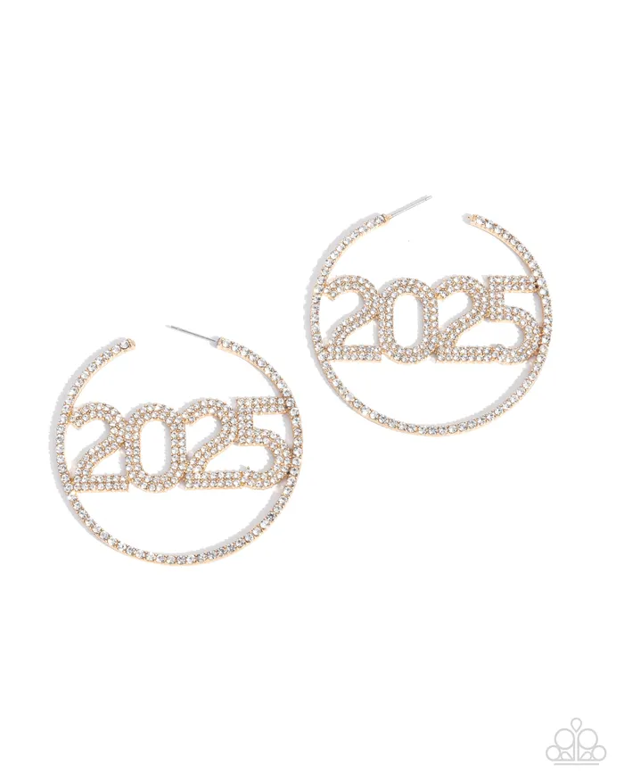 Paparazzi Accessories Earrings This is Gonna Be My Year Gold White Rhinestone 2025 New Years Grad Hoop Earrings Paparazzi Paparazzi Accessories Earrings This is Gonna Be My Year Gold White Rhinestone 2025 New Years Grad Hoop Earrings Paparazzi