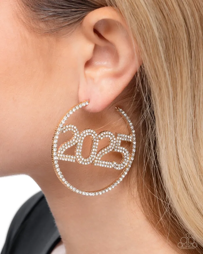 Paparazzi Accessories Earrings This is Gonna Be My Year Gold White Rhinestone 2025 New Years Grad Hoop Earrings Paparazzi