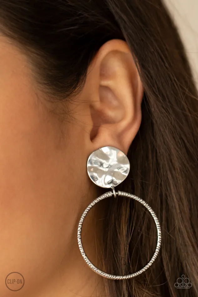Paparazzi Accessories Earrings Undeniably Urban Silver Hammered Disc Circle ClipOn Earrings Paparazzi