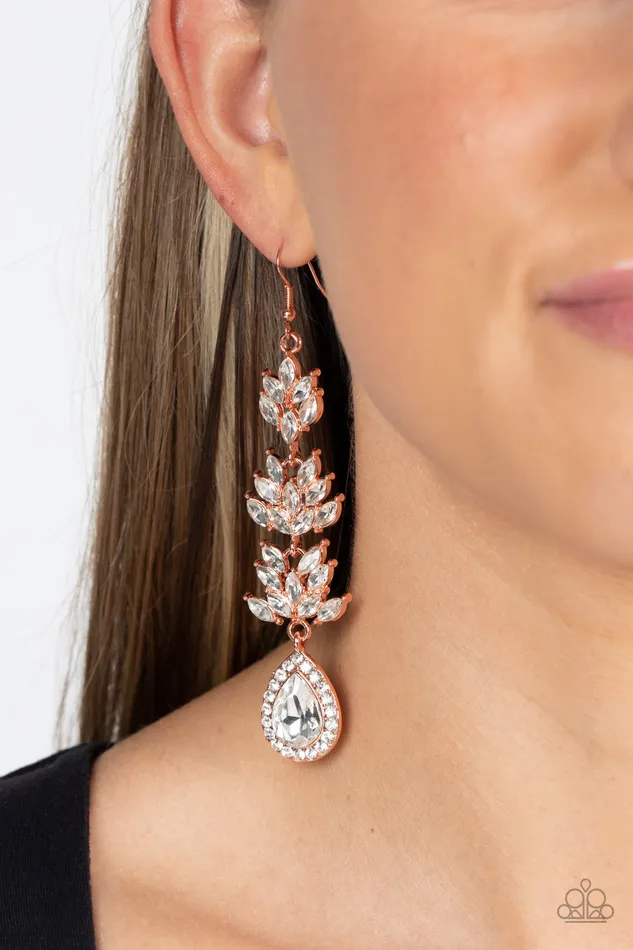 Paparazzi Accessories Earrings Water Lily Whimsy Copper Rhinestone Drop Earrings Paparazzi