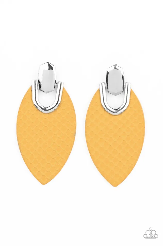 Paparazzi Accessories Earrings Wildly Workable Yellow Leather Silver Post Earring Paparazzi Paparazzi Accessories Earrings Wildly Workable Yellow Leather Silver Post Earring Paparazzi
