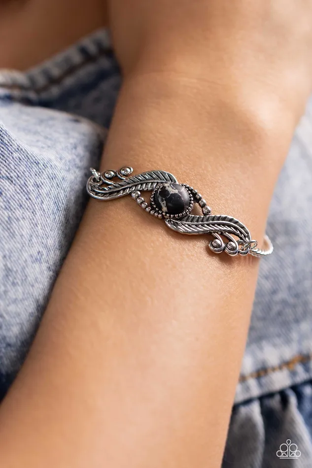 Paparazzi Accessories Eye in the Sky Black Stone Silver Feather Bracelet Paparazzi Bracelets
