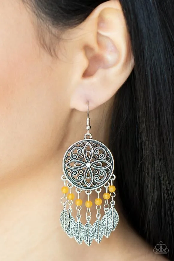 Paparazzi Accessories FreeSpirited Fashionista Orange Bead Silver Leaf Fringe Earrings Earrings