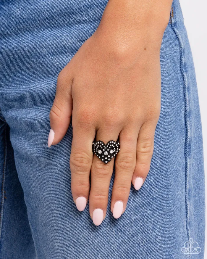 Paparazzi Accessories Gallant Glitter Black Heart White Rhinestone Ring Paparazzi Rings