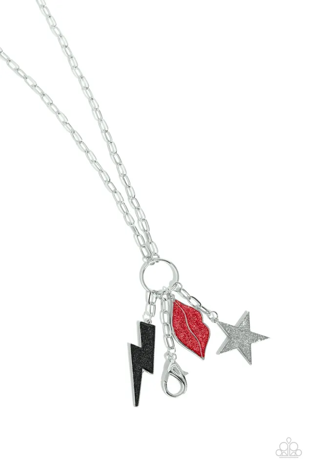Paparazzi Accessories Glitter Gallery Multi Red Lips Black Lightning Bolt Silver Star Lanyard Necklace Paparazzi Necklaces Paparazzi Accessories Glitter Gallery Multi Red Lips Black Lightning Bolt Silver Star Lanyard Necklace Paparazzi Necklaces