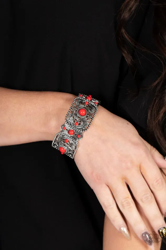 Paparazzi Accessories Going Going GONDOLA Red Bead Silver Filigree Stretchy Bracelet Paparazzi Bracelets