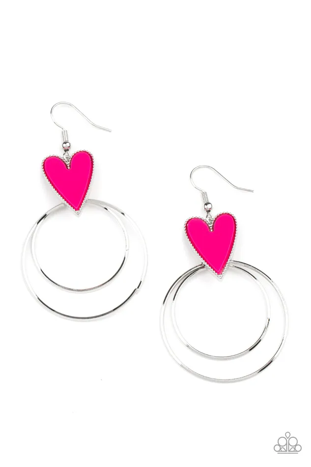 Paparazzi Accessories Happily Ever Hearts Pink Heart Silver Circle Earrings Earrings