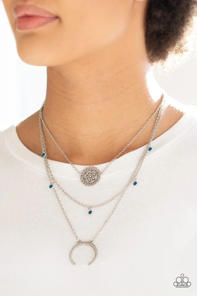 Paparazzi Accessories Lunar Lotus Blue Bead Silver Floral Layered Necklace Paparazzi Necklaces