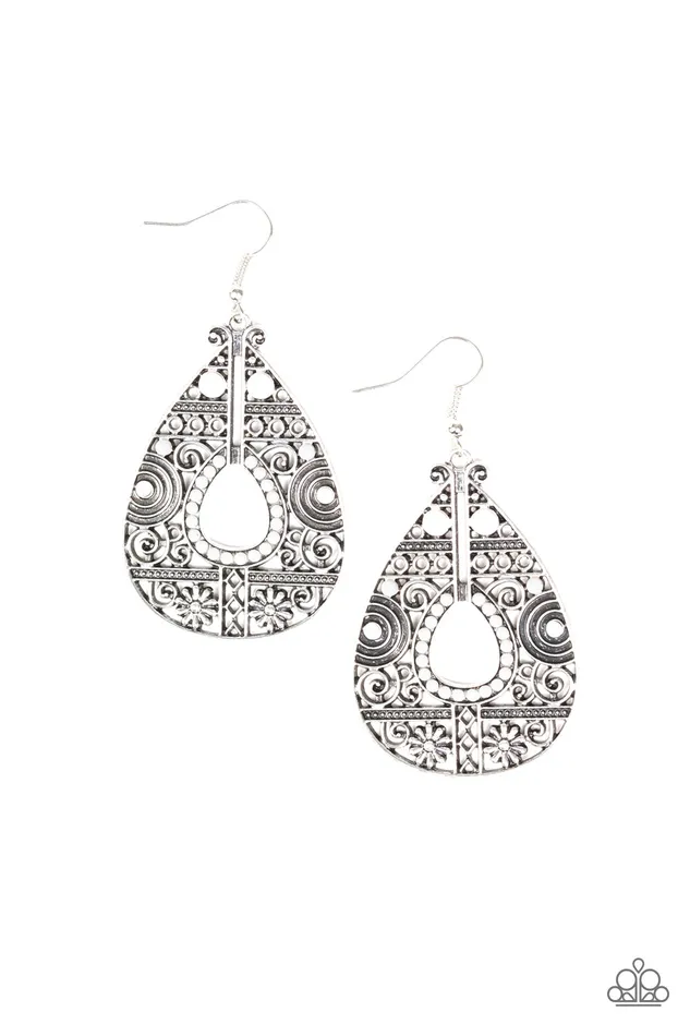 Paparazzi Accessories Malibu Gardens Paparazzi White Bead Silver Frame Teardrop Earrings Earrings Paparazzi Accessories Malibu Gardens Paparazzi White Bead Silver Frame Teardrop Earrings Earrings