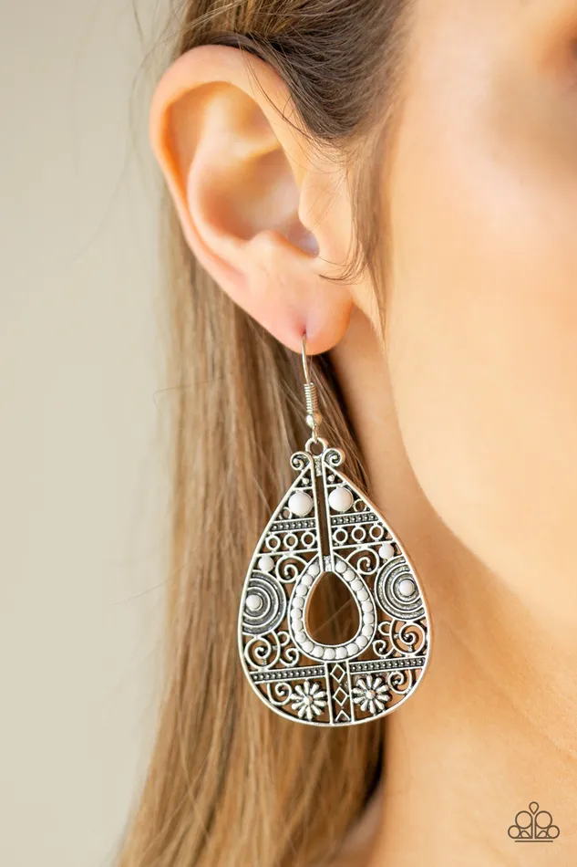 Paparazzi Accessories Malibu Gardens Paparazzi White Bead Silver Frame Teardrop Earrings Earrings Paparazzi Accessories Malibu Gardens Paparazzi White Bead Silver Frame Teardrop Earrings Earrings