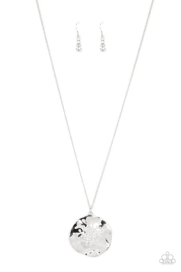 Paparazzi Accessories Necklaces Boom and COMBUST White Rhinestone Silver Disc Necklace Paparazzi Paparazzi Accessories Necklaces Boom and COMBUST White Rhinestone Silver Disc Necklace Paparazzi
