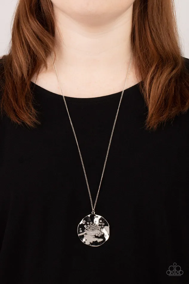 Paparazzi Accessories Necklaces Boom and COMBUST White Rhinestone Silver Disc Necklace Paparazzi