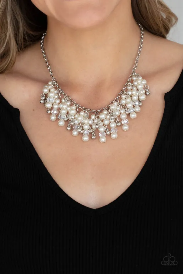 Paparazzi Accessories Necklaces Champagne Dreams White Pearl Crystal Bead Silver Necklace Paparazzi