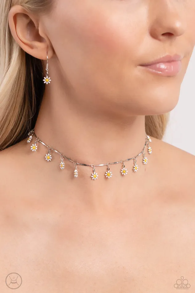 Paparazzi Accessories Necklaces Delicate Display White and Yellow Flower Silver Choker Necklace Paparazzi