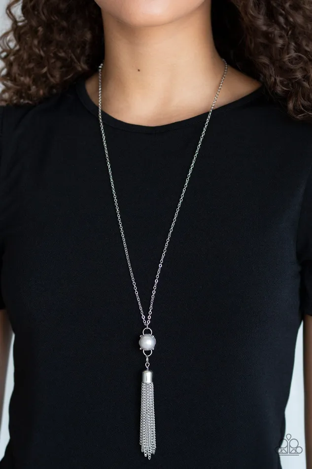 Paparazzi Accessories Necklaces Diva Dance Party Silver Pearl Tassel Pendant Necklace