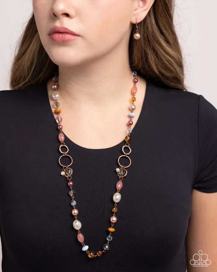 Paparazzi Accessories Necklaces Eclectic Embrace Copper Pink Orange Bead White Pearl Long Necklace Paparazzi