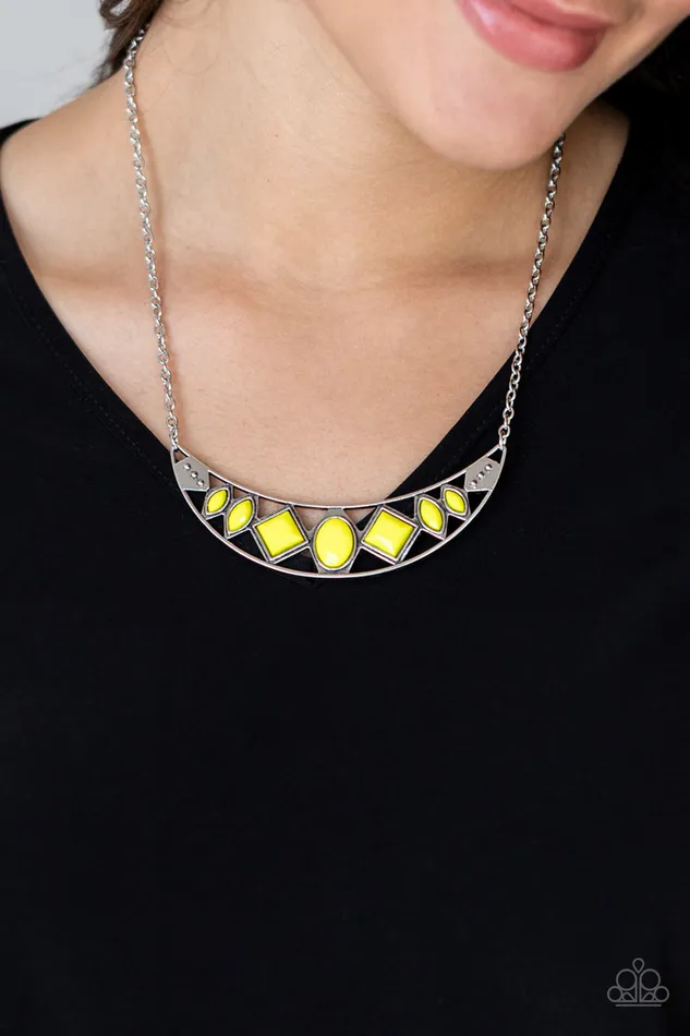 Paparazzi Accessories Necklaces Emblazoned Era Yellow Bead Silver Crescent Necklace Paparazzi