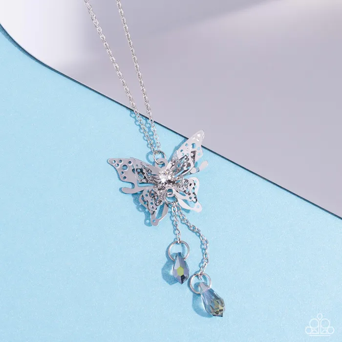 Paparazzi Accessories Necklaces Enchanted Wings Silver Butterfly Oil Spill Bead Bolo Long Necklace Paparazzi