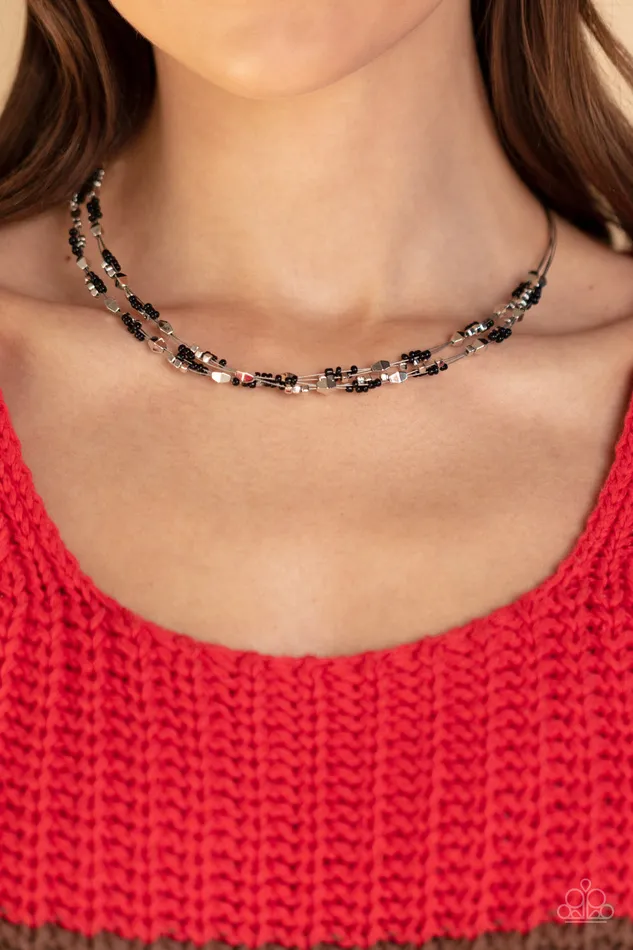 Paparazzi Accessories Necklaces Explore Every Angle Black Seed Bead Silver Accent Necklace Paparazzi
