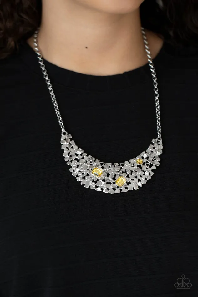 Paparazzi Accessories Necklaces Fabulously Fragmented Yellow Gem Silver Crescent Plate Necklace Paparazzi