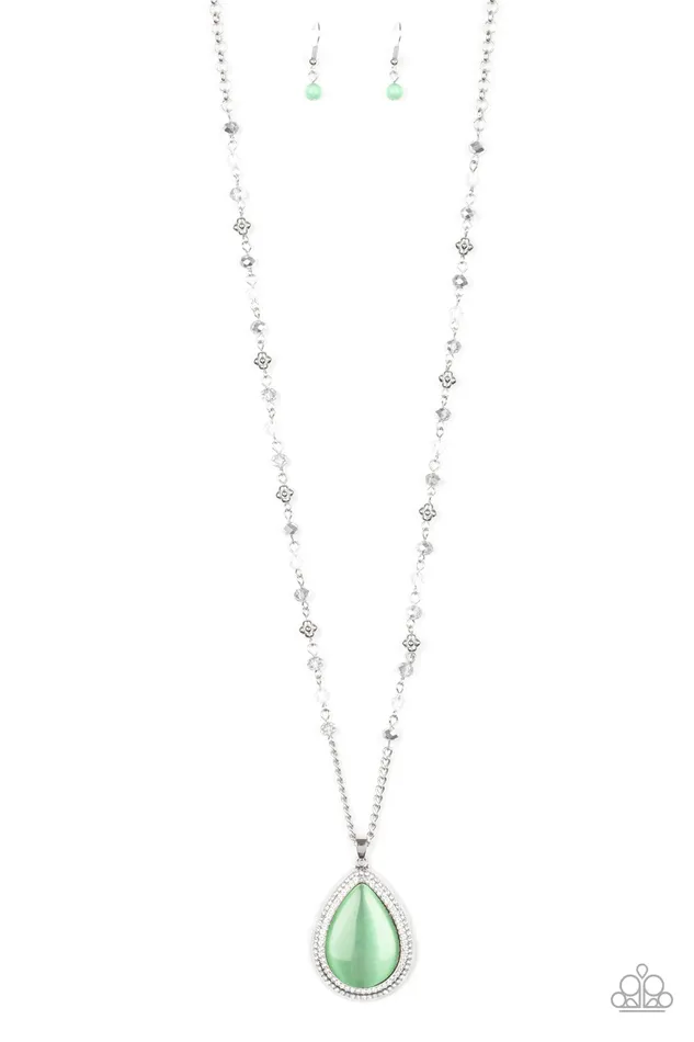 Paparazzi Accessories Necklaces Fashion Flaunt Paparazzi Green Moonstone Teardrop Silver Pendant Necklace Life of the Party July 2020 Exclusive