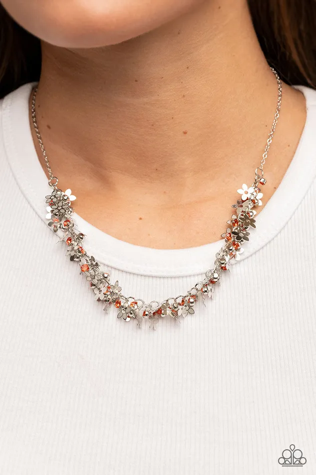 Paparazzi Accessories Necklaces Fearlessly Floral Orange Rhinestone Dainty Silver Flower Necklace Paparazzi