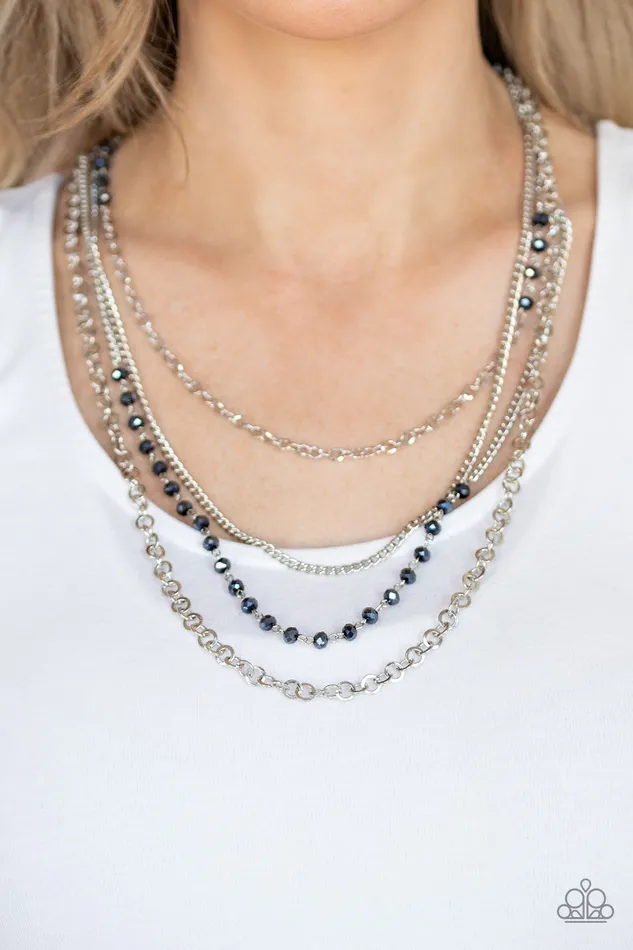 Paparazzi Accessories Necklaces Flickering Lights Blue Metallic Bead Silver Chain Layered Necklace