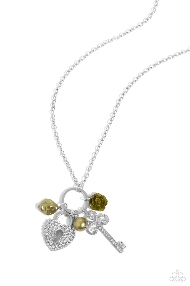 Paparazzi Accessories Necklaces Girly Gathering Green Flower White Rhinestone Heart and Key Lock Silver Long Necklace Paparazzi Paparazzi Accessories Necklaces Girly Gathering Green Flower White Rhinestone Heart and Key Lock Silver Long Necklace Paparazzi
