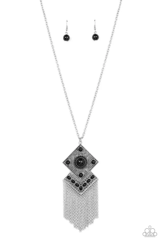 Paparazzi Accessories Necklaces Kite Flight Black Stone Silver Fringe Long Necklace Paparazzi Paparazzi Accessories Necklaces Kite Flight Black Stone Silver Fringe Long Necklace Paparazzi