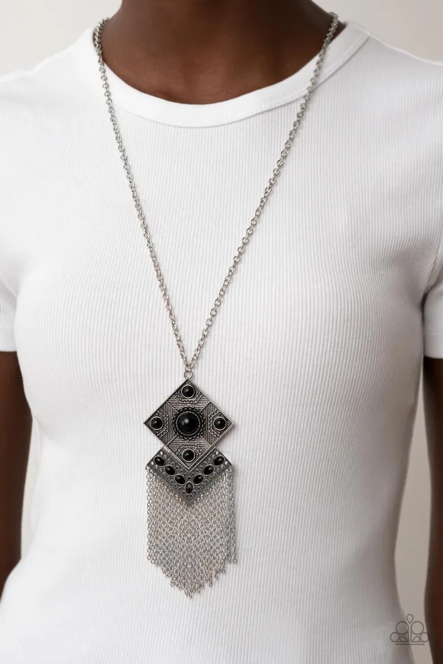 Paparazzi Accessories Necklaces Kite Flight Black Stone Silver Fringe Long Necklace Paparazzi