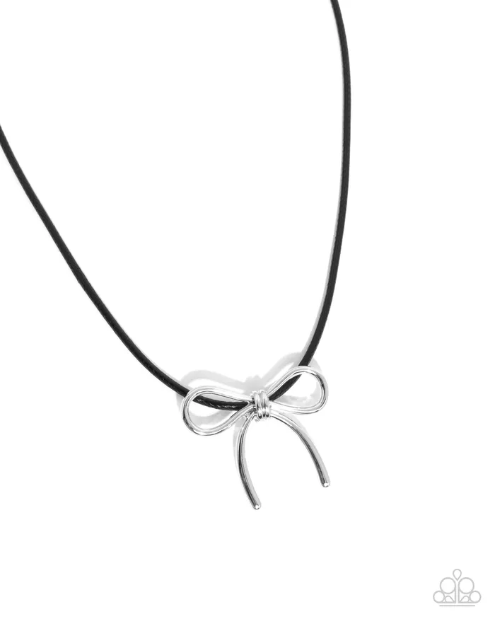 Paparazzi Accessories Necklaces Leisurely Ladylike Black Cord Silver Bow Short Necklace Paparazzi