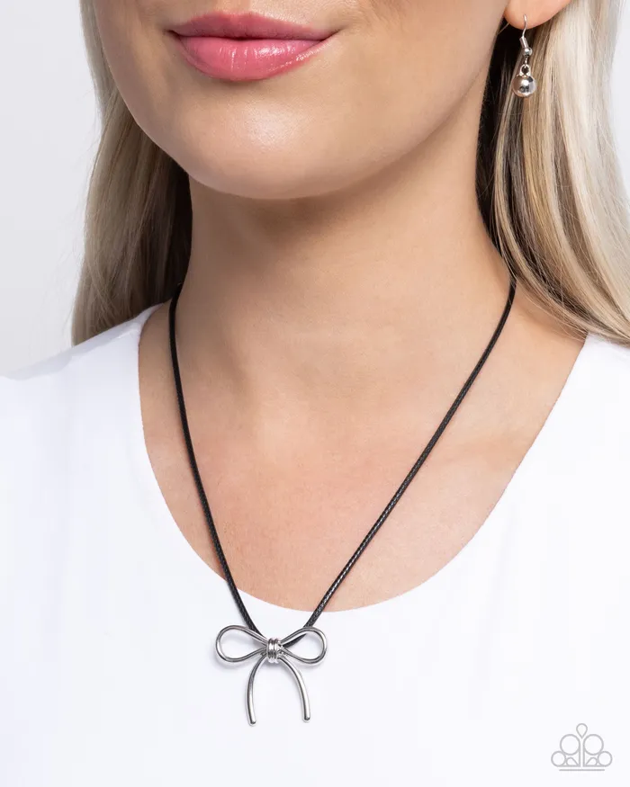 Paparazzi Accessories Necklaces Leisurely Ladylike Black Cord Silver Bow Short Necklace Paparazzi