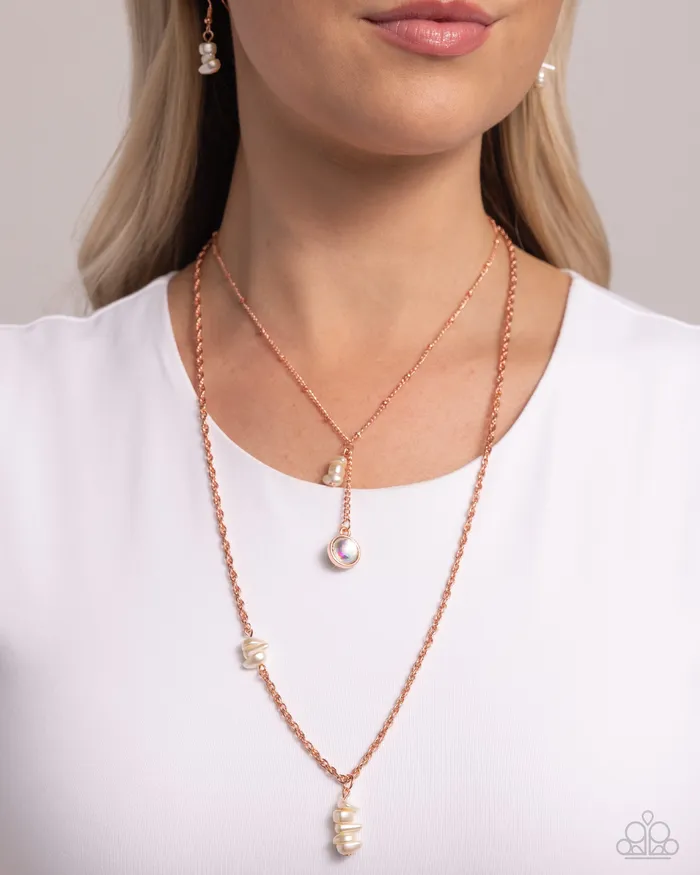 Paparazzi Accessories Necklaces Leisurely Layered Copper Shiny White Pearl Iridescent Layered Short Necklace Paparazzi