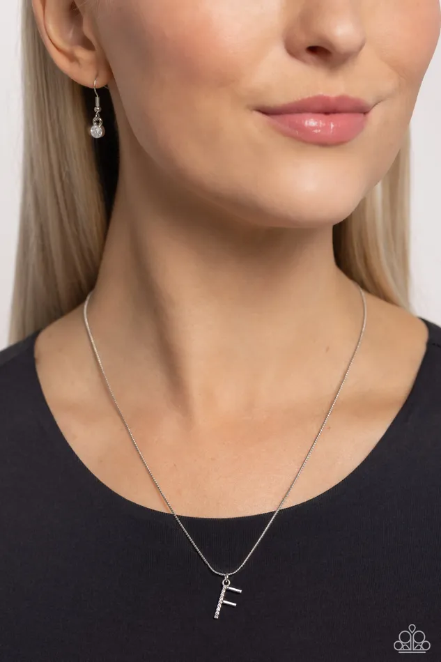 Paparazzi Accessories Necklaces Letter of the Law White F Rhinestone Silver Alphabet Initial Short Necklace Paparazzi