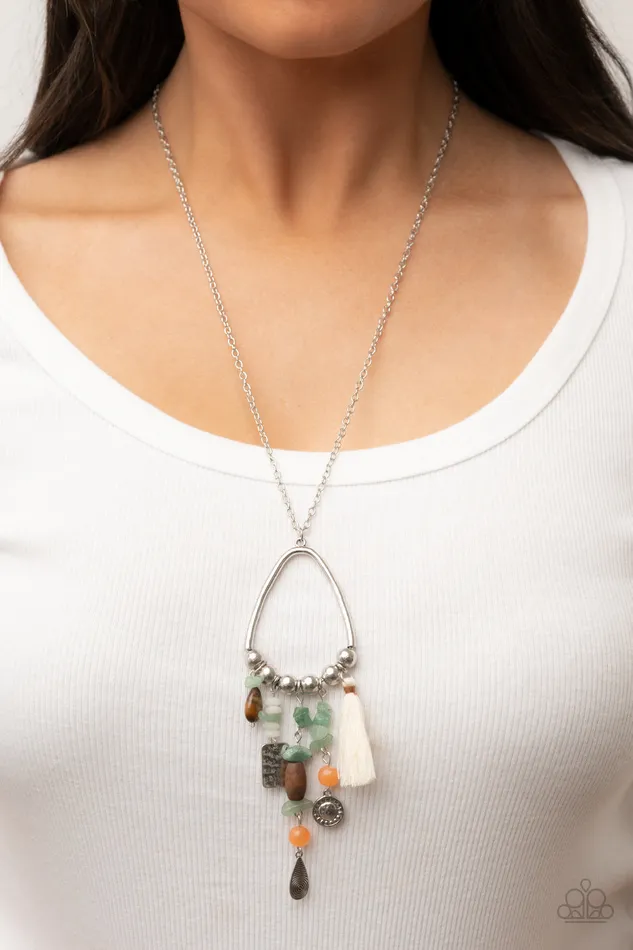 Paparazzi Accessories Necklaces Listen to Your Soul Green Pebble Wooden Bead White Tassel Silver Necklace Paparazzi